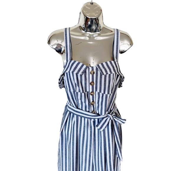 BLUSH J Striped Jumpsuit Blue White Chambray Sleeveless Belted Crop Medium EUC - Picture 8 of 10